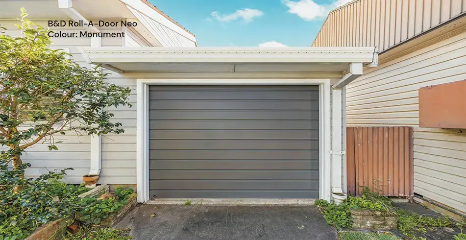 B&D Roll-A-Door Neo roller garage door in Monument finish